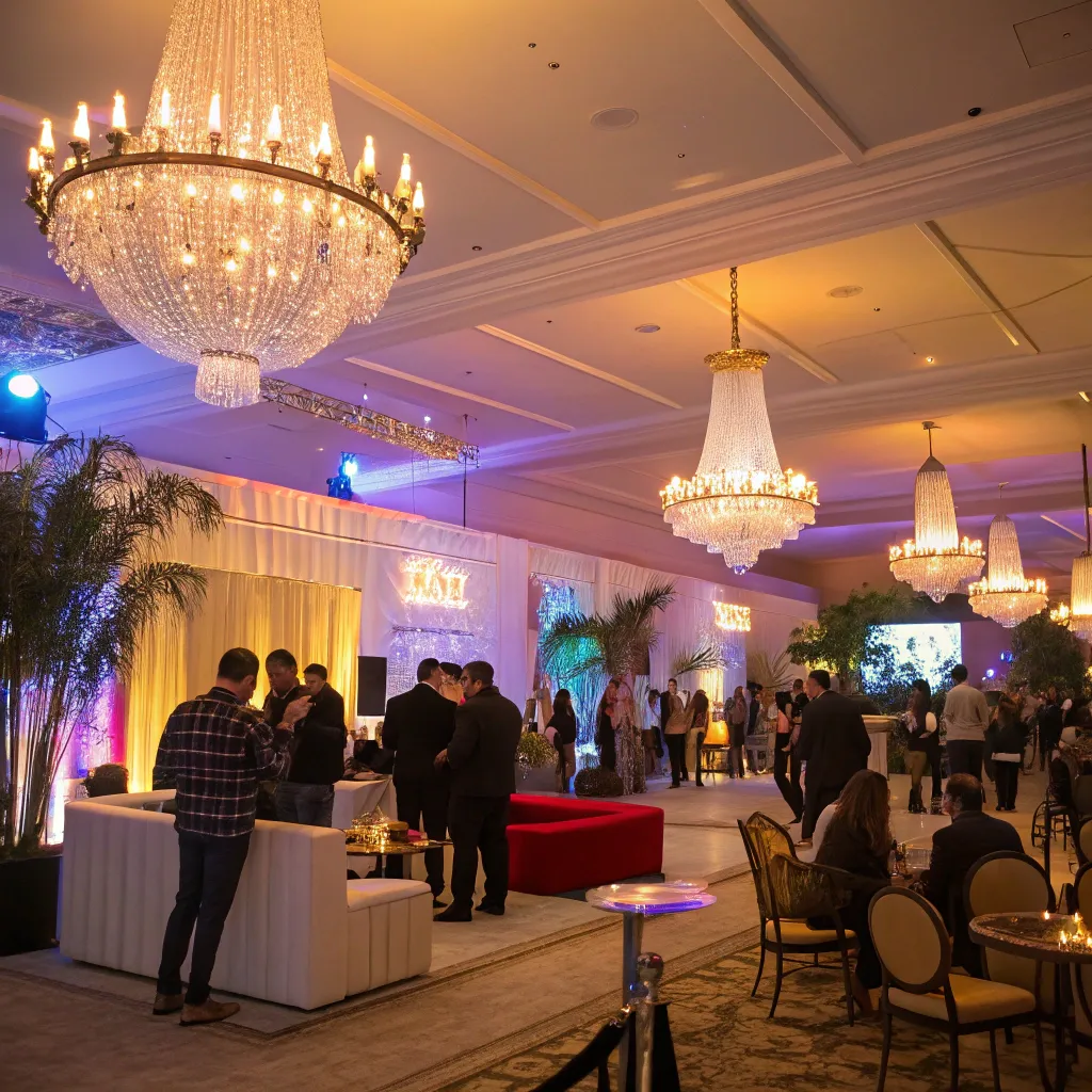 Brightly lit event space with people mingling